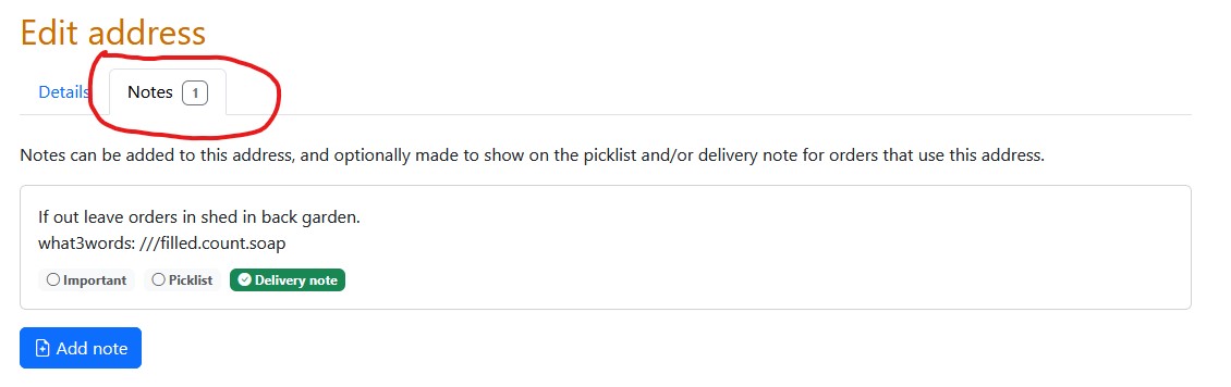 the note tab on the customer's address