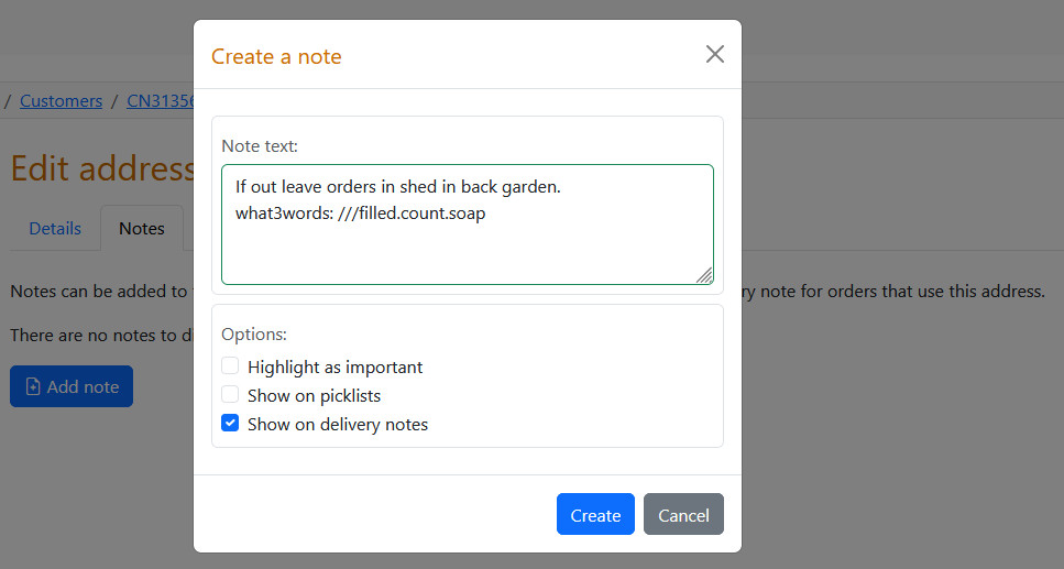 adding a note to the customer's address