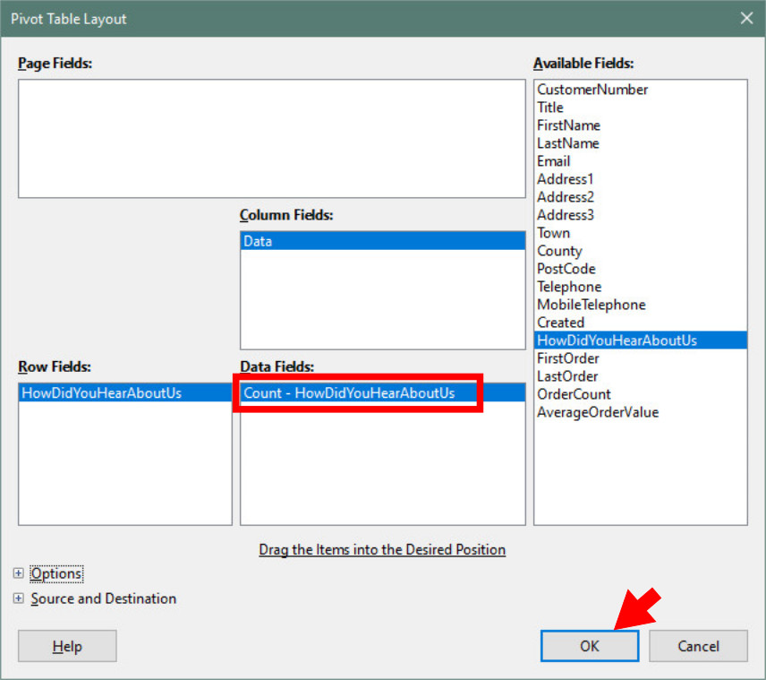 Pivot table layout dialog box after changing to 'count'