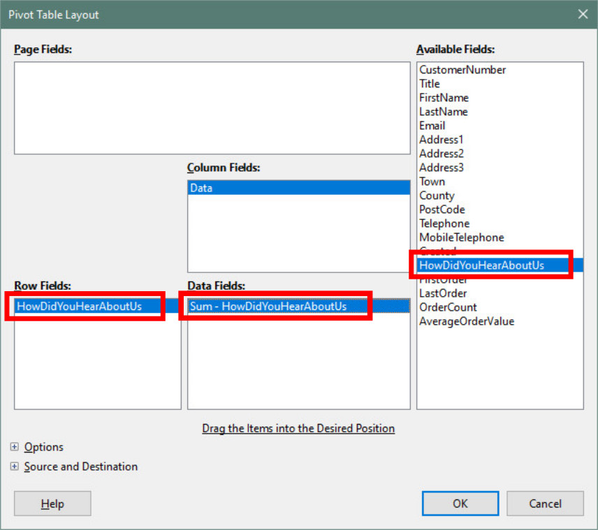 Pivot table layout dialog box