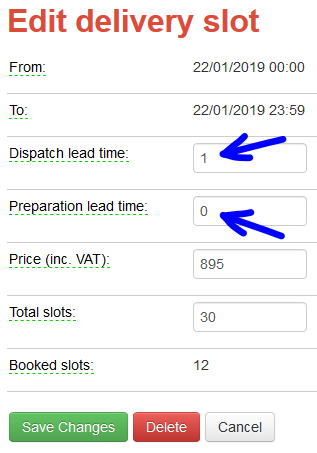 Dispatch and Preparation lead times in the delivery slot details