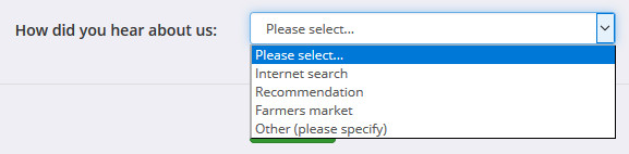The 'HowDidYouHearAboutUs' drop-down box on the customer registration page.