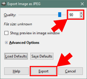 export a JPG file dialog box in Gimp