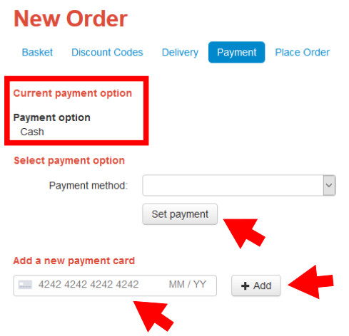 Choosing a payment method for the new order.