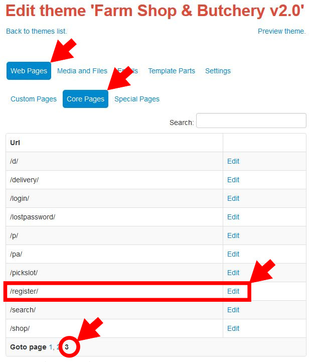 opening the register page for editing