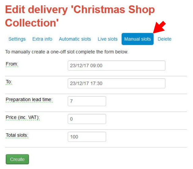 Manually adding a Christmas delivery slot